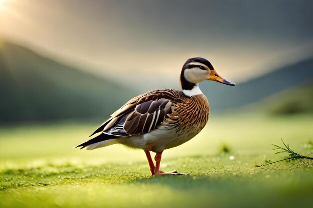 Um pato agachado na beira da lagoarealista