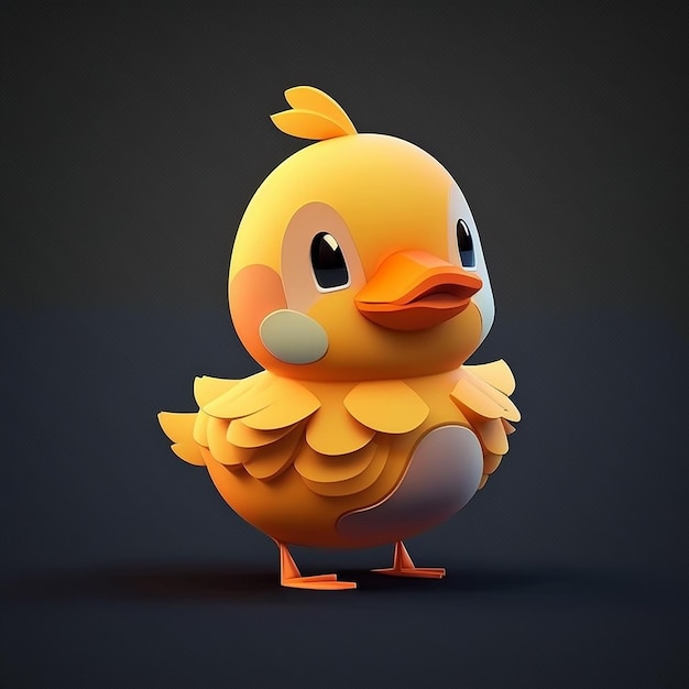 Um pato amarelo com bico amarelo está sobre um fundo escuro.