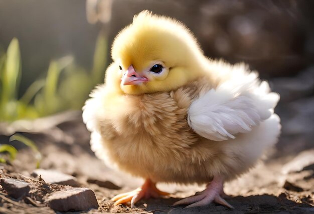 um pato amarelo com um bico amarelo está de pé em uma rocha