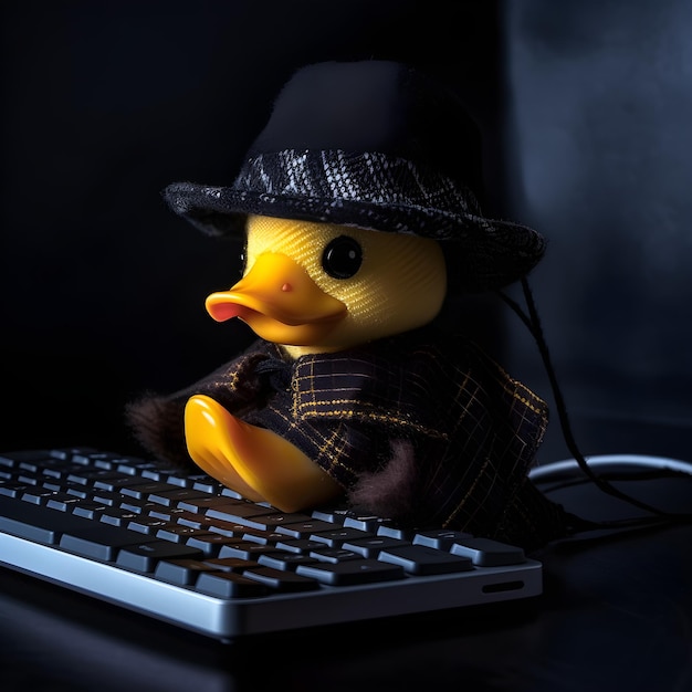 Um pato amarelo com um chapéu preto senta-se em um teclado.