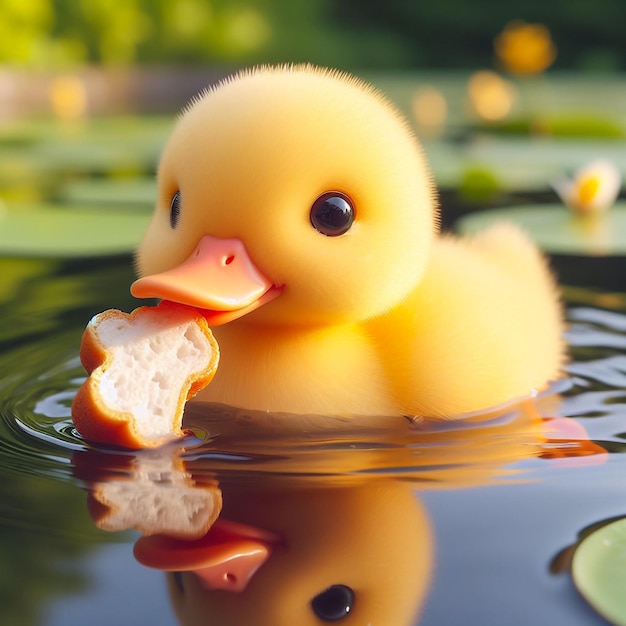 Um pato amarelo e bonito nadando em uma lagoa calma com um pedaço de pão na boca com o bico