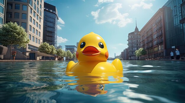 um pato amarelo na água no estilo de paisagens urbanas fotorrealistas