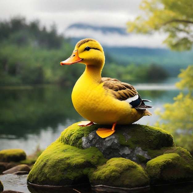 Um pato amarelo vibrante empoleirado no topo de uma rocha musgosa olhando para o tranquilo lago Ai Gerado