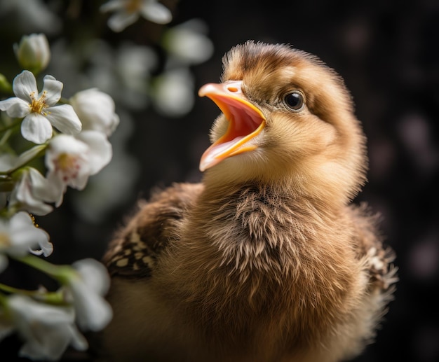 Um pato bebê com a boca aberta senta-se em uma árvore com flores brancas.