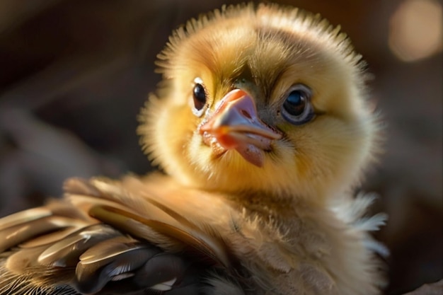 Foto um pato bebé com um bico amarelo e um bico vermelho