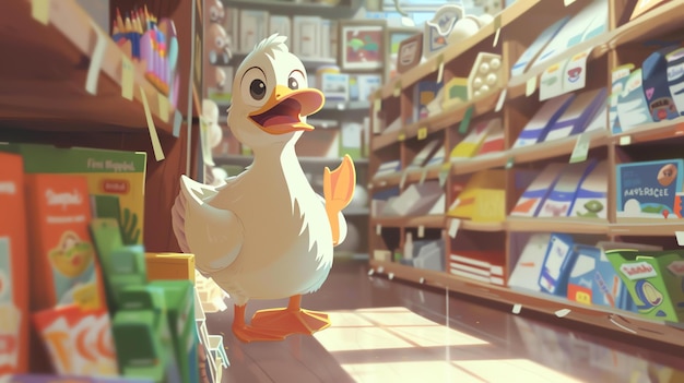 Um pato bonito e feliz está no corredor de uma mercearia O pato está olhando para a câmera com um sorriso no rosto
