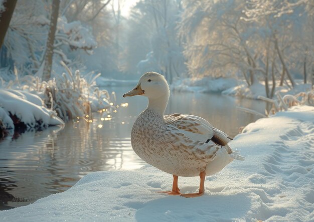 um pato branco de pé na neve no inverno