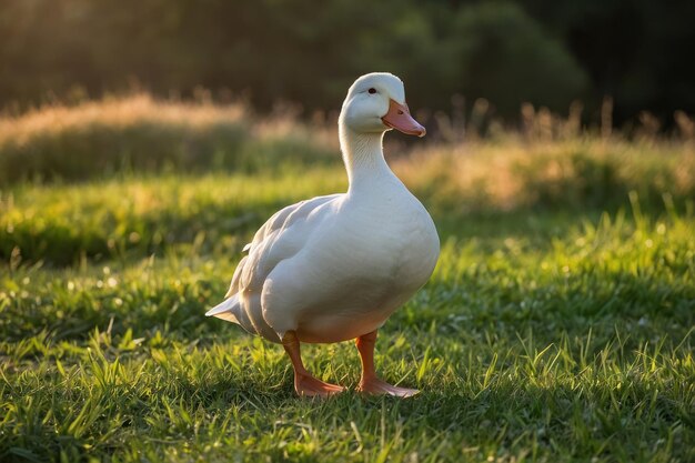 um pato branco de pé num campo