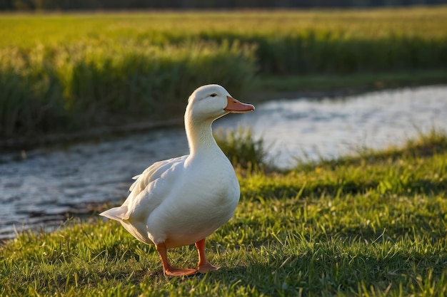 um pato branco de pé num campo