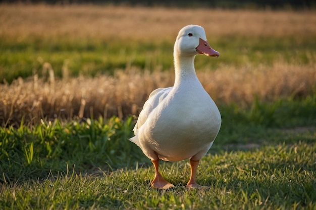 um pato branco de pé num campo