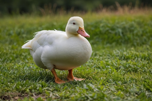 um pato branco de pé num campo