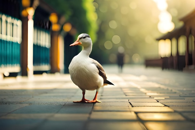 Um pato branco está na calçada em frente a um prédio.