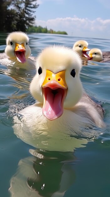 Foto um pato com a boca aberta e outros três patos na água