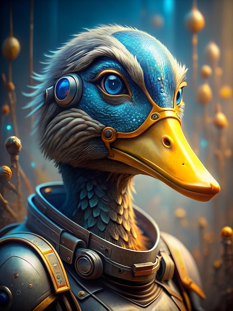 um pato com cabeça azul e bico amarelo é mostrado com penas douradas