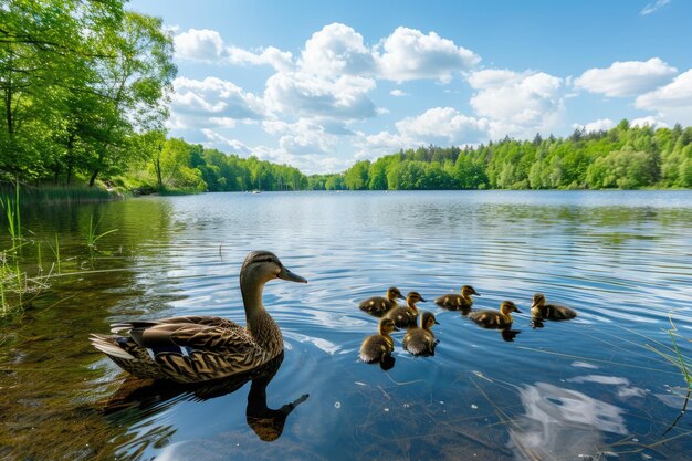 Um pato com patinhos nadando em um lago em um dia ensolarado com uma bela paisagem ao fundo