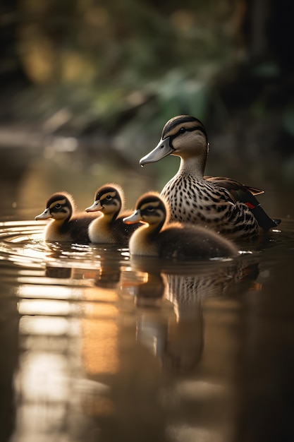 Um pato com seus três patinhos na água