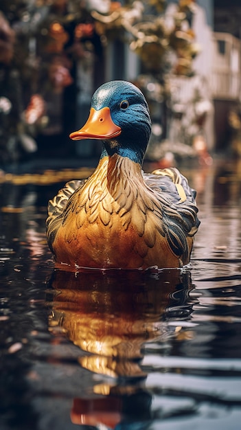 Um pato com um gorro azul senta-se em uma lagoa.