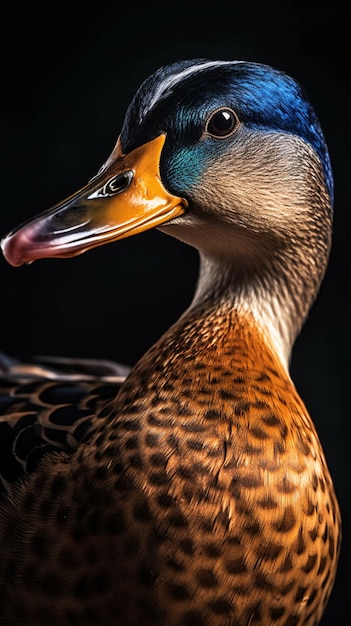 Um pato com uma cabeça azul e marcas azuis na cabeça está na frente de um fundo preto.