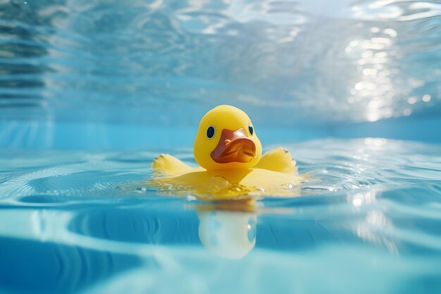 Um pato de borracha brincalhão flutua na piscina