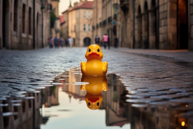 Um pato de borracha refletido em uma poça em uma rua de paralelepípedos