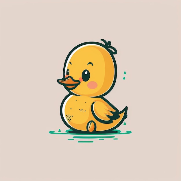 Foto um pato de desenho animado com bico amarelo e bico amarelo está sentado em uma poça.