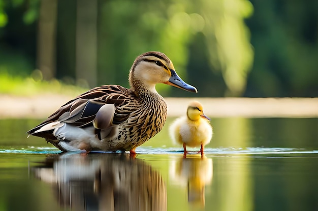 Um pato e seus patinhos estão em um lago.