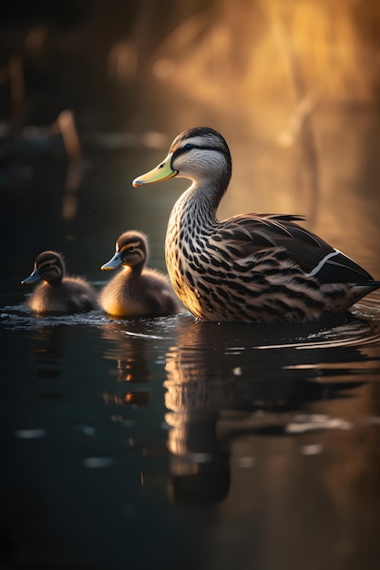 Um pato e seus patinhos estão nadando em um lago.