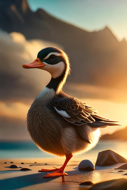 Um pato em um lago com um pôr do sol ao fundo