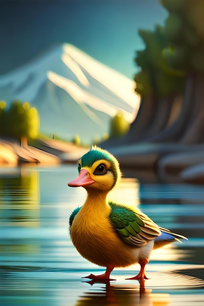 Um pato em um lago com um pôr do sol ao fundo