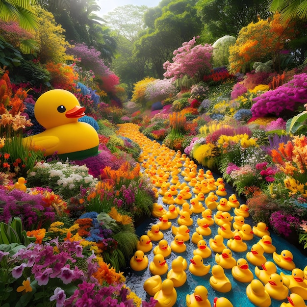 um pato está cercado de flores e flores