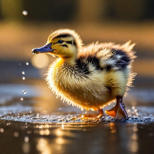 Foto um pato está de pé na água com o bico aberto