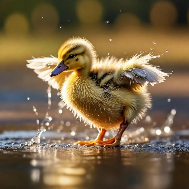 Foto um pato está de pé na água com o bico aberto