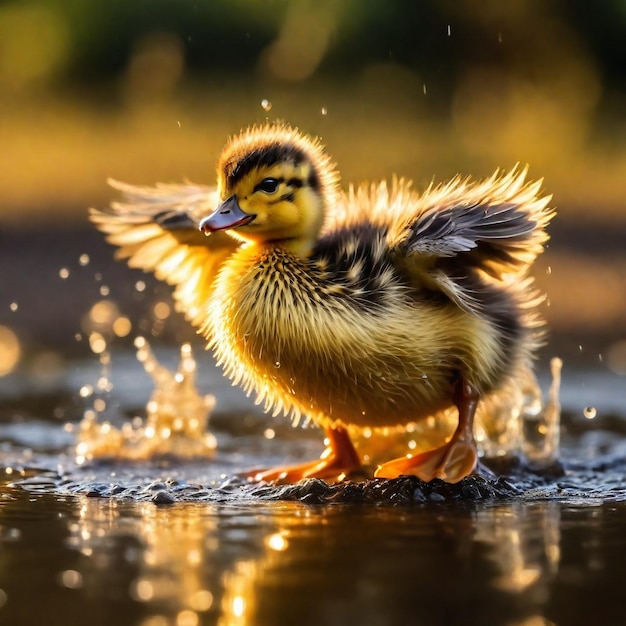 Foto um pato está de pé na chuva com a cabeça na água