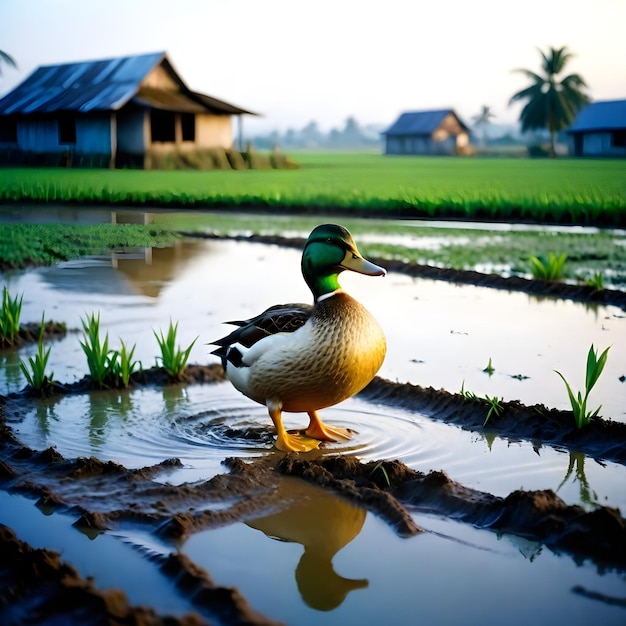 Foto um pato está de pé num campo de arroz inundado