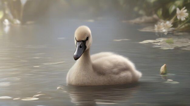 Um pato está nadando na água com a palavra cisne nele