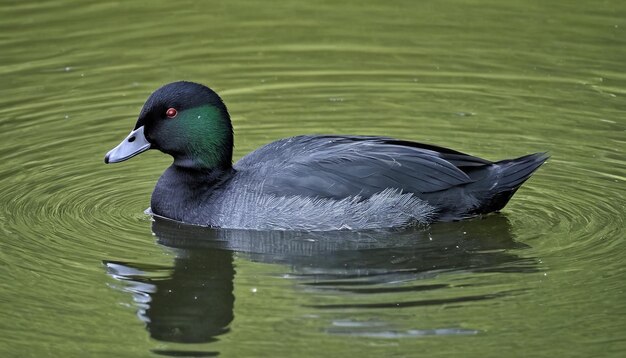 um pato está nadando na água com um olho vermelho