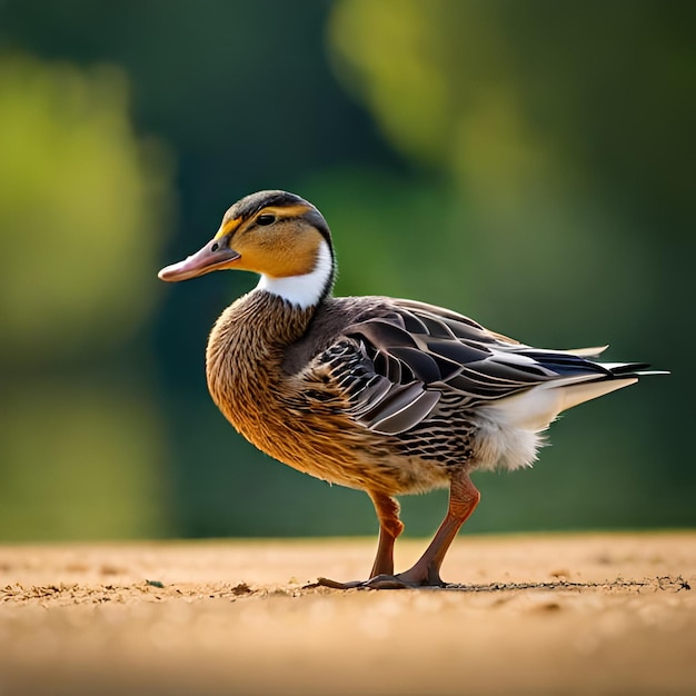 Um pato está parado no chão em frente a um fundo desfocado.