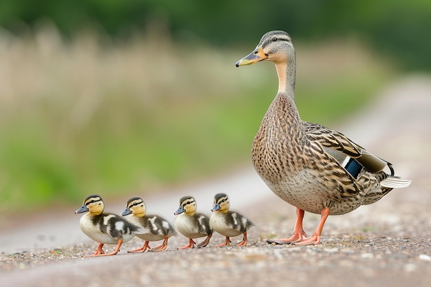 Um pato liderando seus patinhos em fila