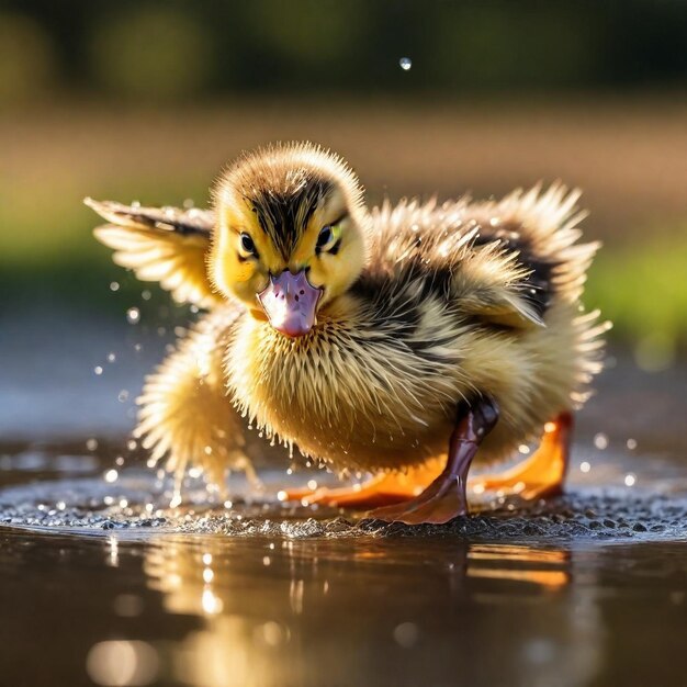 Foto um pato molhado na chuva.