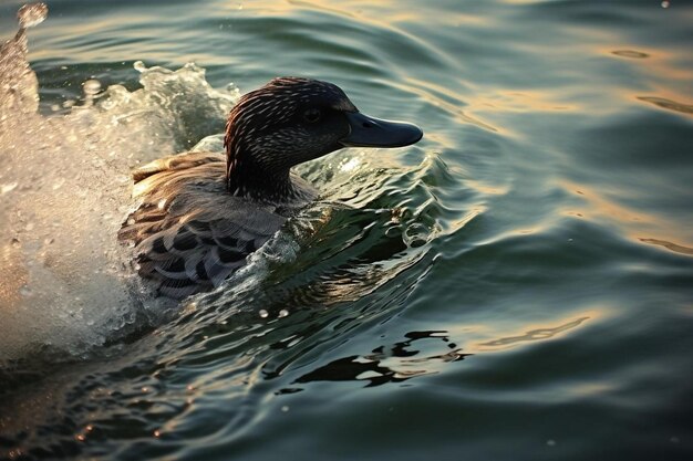 Foto um pato nadando na água com o sol atrás dele