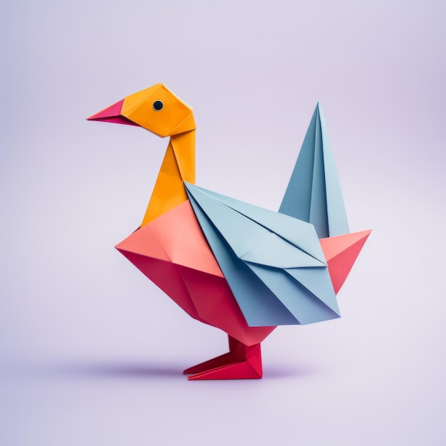 Um pato origami colorido, uma escultura minimalista lúdica