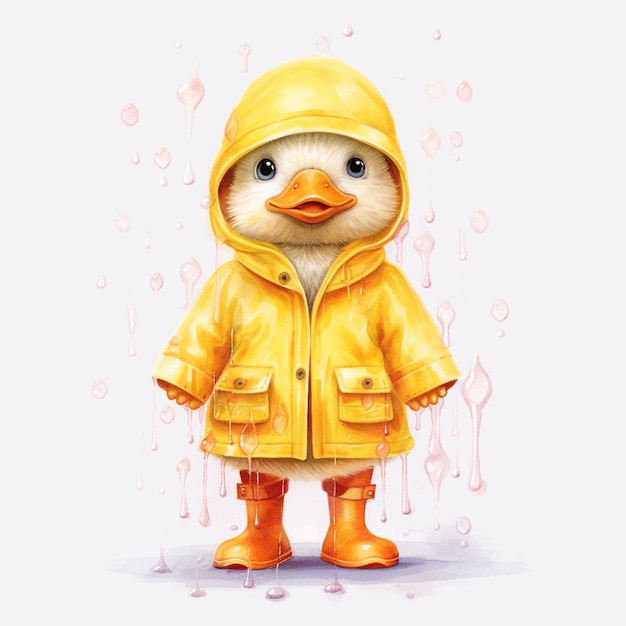 Um pato vestindo uma capa de chuva amarela e uma capa de chuva amarela.