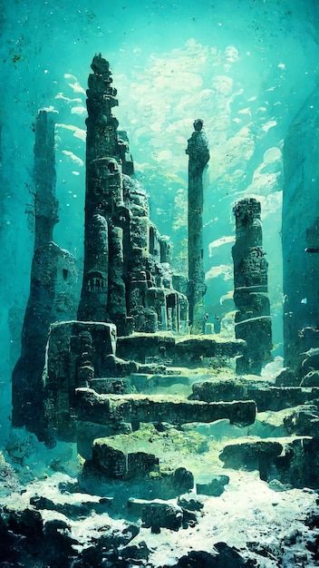 Um Patrimônio Mundial sob a ilustração 3D das ruínas subaquáticas