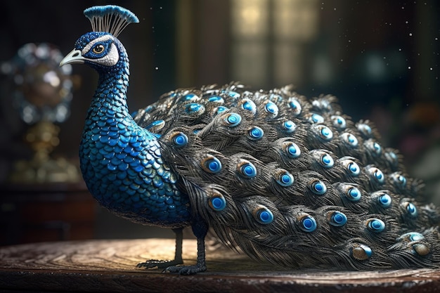 Um pavão azul com cauda azul está sobre uma mesa.