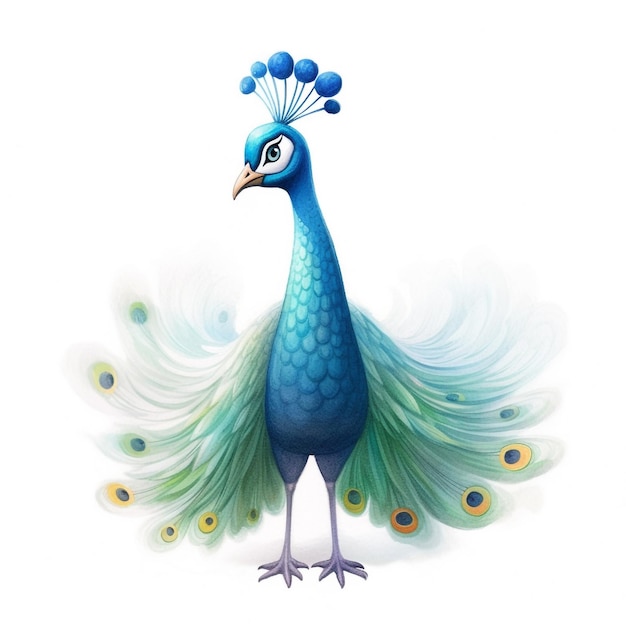 Um pavão azul com uma coroa azul e uma coroa verde está de pé sobre um fundo branco.
