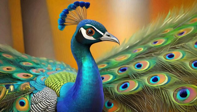 Um pavão colorido com cauda azul e verde