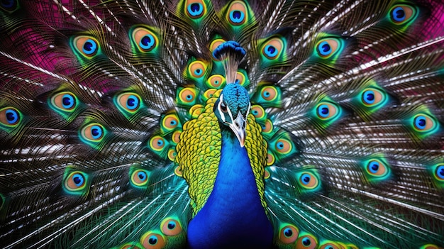 um pavão com cauda colorida é mostrado ao fundo.