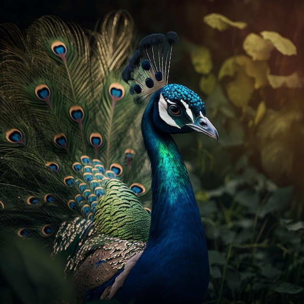 Foto um pavão com penas de cauda verde e azul está parado na grama.