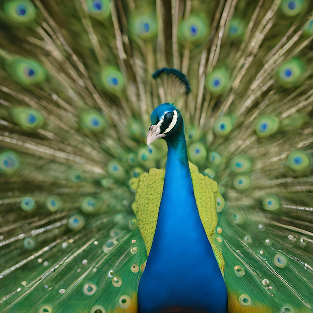 Foto um pavão com um corpo azul e um corpo azul com um fundo verde