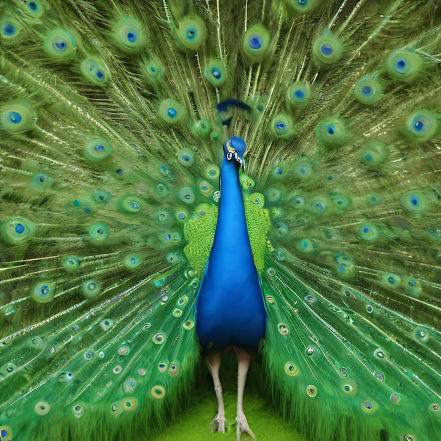 Foto um pavão com um corpo azul e um fundo verde com penas de pavão
